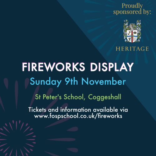 Fireworks Display - Sunday 9th November St Peter's School, Coggeshall Tickets and more information available via www.fospschool.co.uk/fireworks